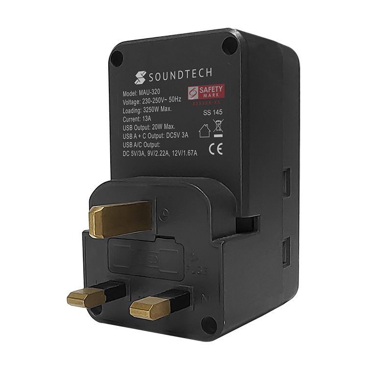 SoundTeoh MAU-320-DGrey Adaptor with USB A + C Quick Charger (Dark Grey)