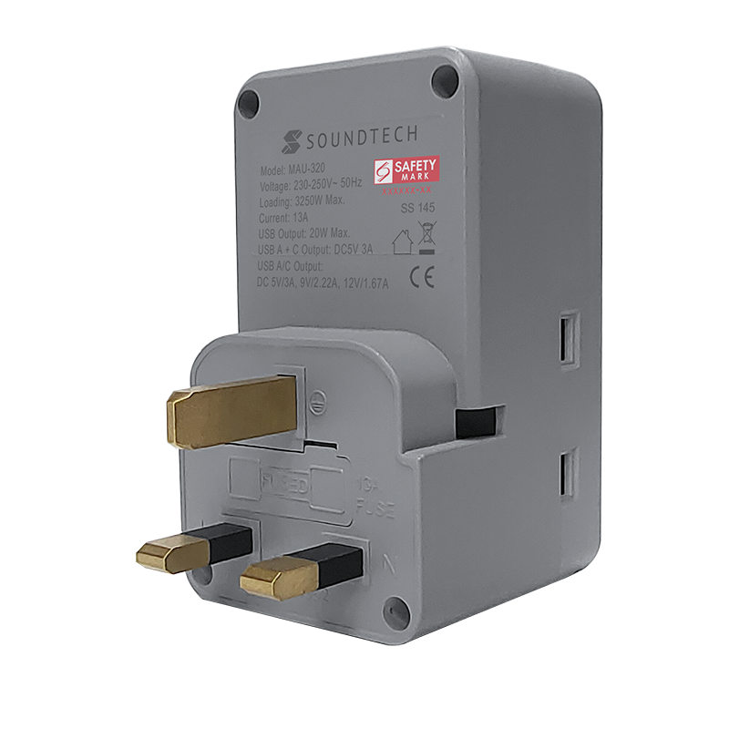 SoundTeoh MAU-320-LGrey Adaptor with USB A + C Quick Charger (Light Grey)