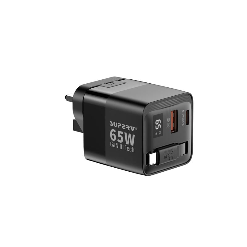 SuperV G45-BK 65W Universal Travel Adapter with Build in 80cm C Cable (Black)