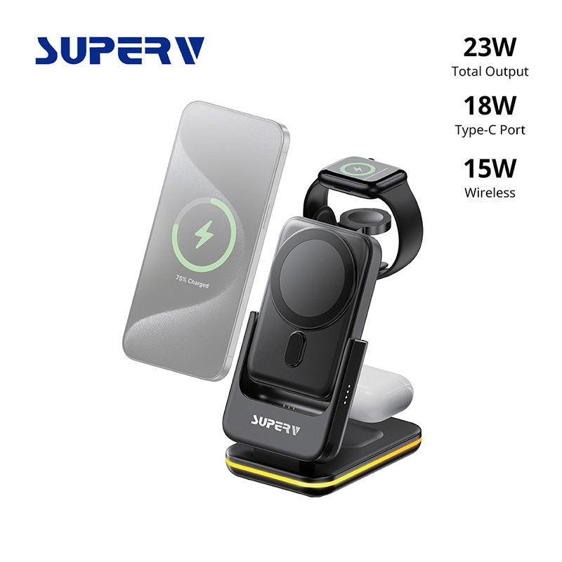 SuperV Station10 7-in-1 5000mAh Foldable Wireless Charging Station Powerbank (Black)