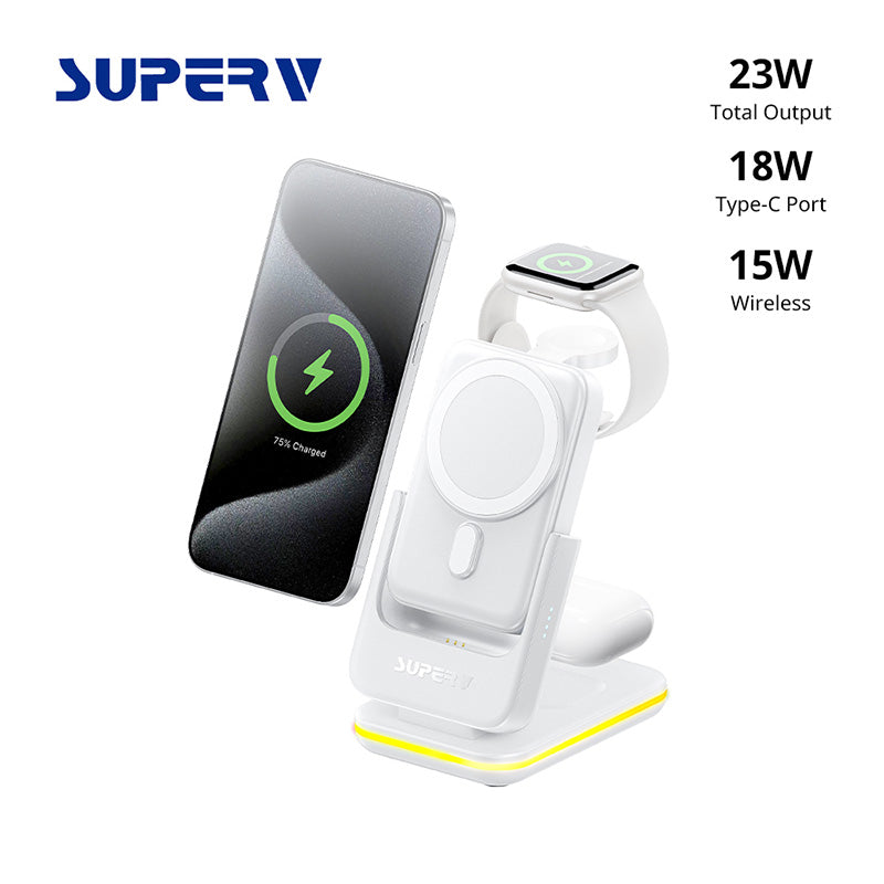 SuperV Station10 7-in-1 5000mAh Foldable Wireless Charging Station Powerbank (White)