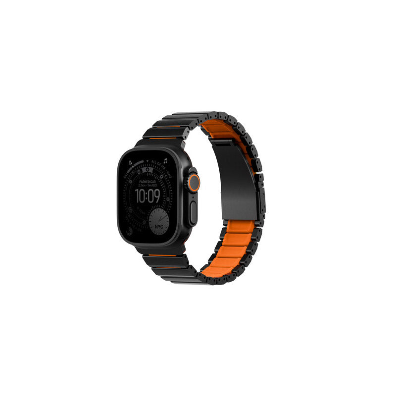 Uniq Strova Flex Apple Watch Self-Adjustable Steel Link Band 49/46/45/44MM - Midnight Black/Volt Orange