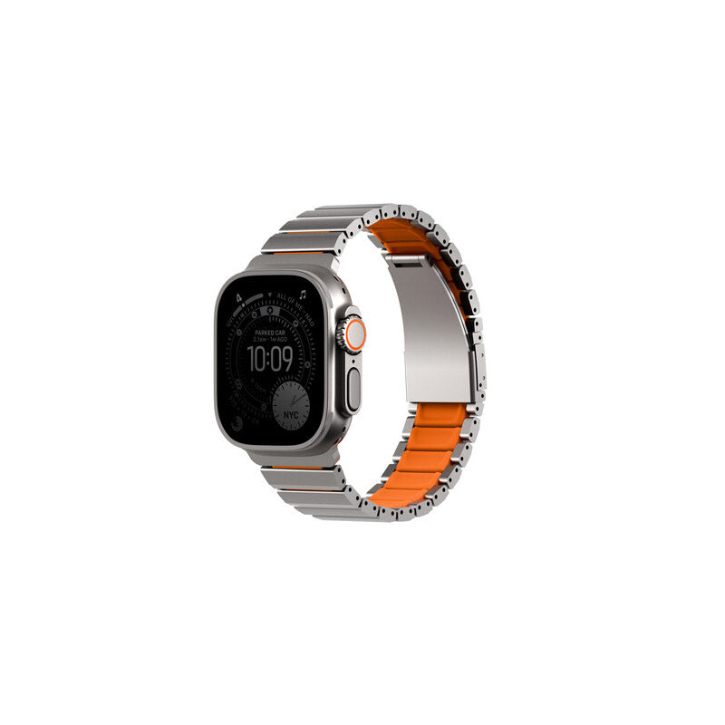 Uniq Strova Flex Apple Watch Self-Adjustable Steel Link Band 49/46/45/44MM - Titanium Silver/Volt Orange