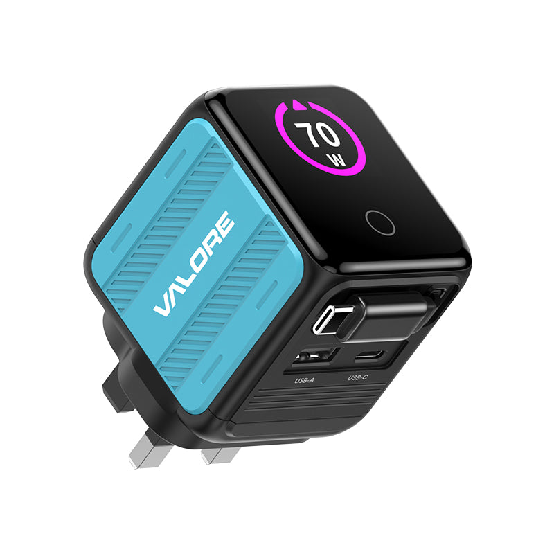 Valore PD70W GaN Wall Charger with Built-in USB-C Cable (PA-030) - Blue