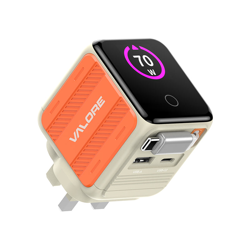 Valore PD70W GaN Wall Charger with Built-in USB-C Cable (PA-030) - Orange